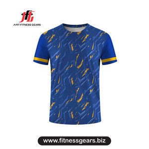 JUST FITNESS GEARS เสื้อยืดแขนสั้นพิมพ์ลายเรขาคณิตสีน้ำเงินสำหรับผู้ชาย แห้งเร็ว ทรงปกติ ผ้าโพลีเอสเตอร์ถักแบบสปอร์ต - Product Image 1