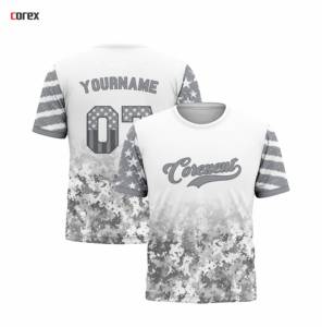 เสื้อเจอร์ซีย์คอกลมแขนสั้นสีทูโทนลายธงชาติอเมริกาสีขาวแบบกำหนดเอง ลายพรางสีเทาไล่เฉดสี ลายดาวและลายเส้นแบบดิจิทัล ระบายอากาศได้ดี น้ำหนัก 320 กรัม สำหรับทั้งชายและหญิง - Product Image 3