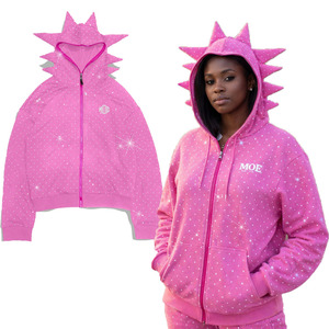 Men's Custom Horn Rosy Zip <b>Rhinestone</b> Oversized Spiked Hood Sparkly Hoodie Casual Streetwear Winter Blushing <b>Jacket</b> Wholesale - Product Image 1