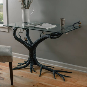 Table console de luxe en fer forgé faite à la main avec plateau en verre transparent, base sculpturale en métal en forme de racine d'arbre, meuble d'appoint pour entrée, couloir ou salon - Product Image 1