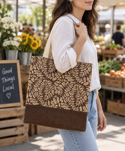 Sac fourre-tout en jute imprimé feuilles avec panneau coloré, style bohème, sac de shopping en jute naturelle non laminée, sac d'exportation en gros - Product Image 4