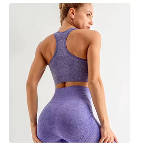 Ensemble de yoga côtelé violet, soutien-gorge de sport sans couture à dos nageur taille haute, leggings longs extensibles dans quatre directions, tenue de fitness par Twin City - Product Image 3