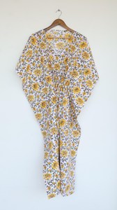 Elegante Vestido Kaftán de Algodón con Estampado Floral a Mano, Vestido Holgado Amarillo de Estilo Bohemio para Mujer, Vestido Casual de Verano para Vacaciones - Product Image 4