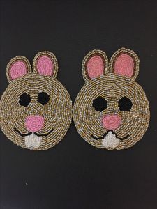 <b>Bunny</b> Rabbit Shaped Beaded Coasters Set Handmade <b>Glass</b> Seed Beads Beige Pink <b>Easter</b> Dining Table Accent Articles - Product Image 1