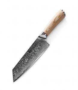 Couteau de cuisine ChefTool avec manche en bois arrondi et finition métallique, en acier Damas fixe - Product Image 2