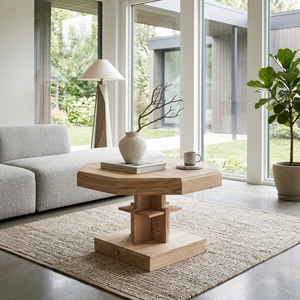 Modern Octagonal Solid <b>Wood</b> Coffee <b>Table</b> Elegant Geometric Pedestal Accent <b>Table</b> For <b>Rustic</b> Living Room Setup Art Design Pure - Product Image 2