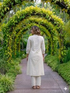 High-Quality Pure Cotton A-<b>Line</b> Kurta for Women - Embroidered Ethnic Wear Long Tunic with Straight <b>Pants</b> - Sustainable Handloom - Product Image 4