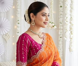 Sari indien traditionnel en soie, orange et rose, brodé, protection solaire, coupe ample, pour mariage, longueur ras du sol, ethnique, pour femme - Product Image 3