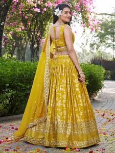Yellow Embroidered <b>Lehenga</b> Set Block Printed Indian Pakistani Outfit Dupatta Blouse and Skirt for <b>Wedding</b> Festival - Product Image 4