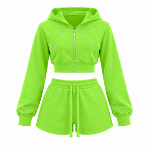 Conjunto de sudadera con cremallera y pantalones cortos de cintura ajustable en felpa francesa de marca privada para marcas de ropa urbana - Product Image 6