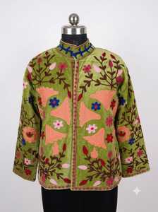 Veste douce en velours vert brodé, écologique, à motif floral, col mandarin, style bohème, pour l'hiver et les festivals - Product Image 4