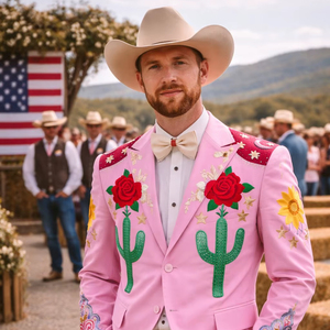 ชุดสูทแต่งงานปักลายดอกไม้สีงาช้างสำหรับผู้ชาย – ชุดเบลเซอร์คาวบอยตะวันตกสำหรับเจ้าบ่าวพร้อมลายปักดอกกุหลาบสำหรับงานปาร์ตี้และงานพิธีการ - Product Image 1