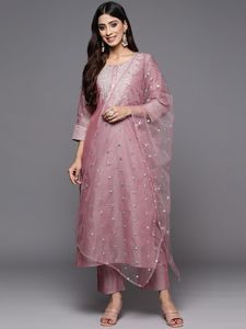 Pink Embroidered Silk Quick Dry Multi-Season <b>Kurta</b> Set Dupatta Regular Fit Knee Length Traditional Wear <b>Women</b> India Pakistan - Product Image 4
