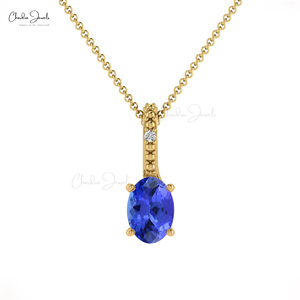 Colgante de Tanzanita Natural de Corte Ovalado de 6x4mm con Engaste Oculto y Collar de Oro Sólido de 14k con Pavé de Diamantes, de Proveedor Mayorista de Joyería - Product Image 1
