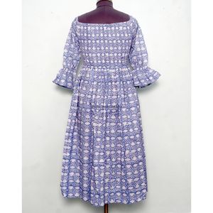 เดรสยาวทรงเอ สไตล์โบฮีเมียน ลายพิมพ์ ผ้าฝ้ายถัก แขนทรงกระดิ่ง คอเหลี่ยม ใส่สบาย เหมาะสำหรับงานปาร์ตี้ สีฟ้า รุ่นซัมเมอร์ใหม่ - Product Image 6