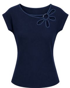 Manufacturer Customized Navy Blue Women Casual Flower Neck T Shirt Soft Breathable Summer <b>Top</b> Short Sleeve Fashion Blouse Outfit - Product Image 1