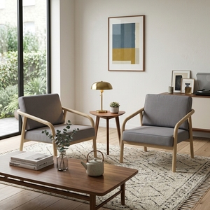 Fauteuil lounge moderne de style mid-century en bois massif, fauteuil en teck naturel avec revêtement en tissu gris, fauteuil d'appoint pour salon - Product Image 4