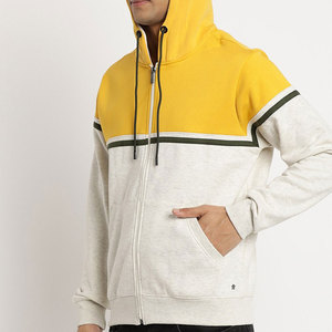 Sweat-shirt à capuche zippé pour homme, couleur crème jaune, avec blocs de couleur contrastés, en molleton, manches longues, cordon de serrage, style streetwear décontracté - Product Image 4