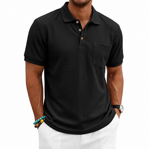 Chemise à manches courtes bleu marine pour homme avec poche, en coton tricoté, décontractée, respirante, coupe classique, 220g, séchage rapide - Product Image 2