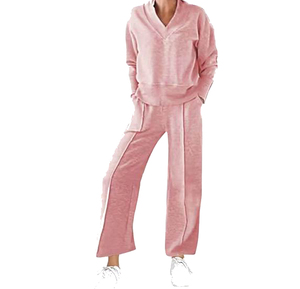 Survêtement rose pour femme, col en V, manches longues, couleur unie, vêtement décontracté, respirant, 100% coton, style automne, produit le plus vendu - Product Image 3
