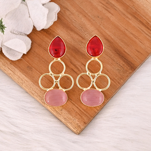 Handmade <b>Red</b> Hydro & Pink Cat'seye Gemstone Brass <b>Drop</b> <b>Earrings</b> Gold Plated Fashion Jewelry for Women - Product Image 4