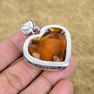 Faceted Citrine Pendant Handmade 925 Sterling Silver Yellow Colour Heart Shape Gemstone Vintage Jewelry - Product Image 4
