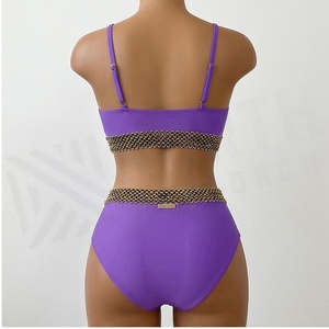Two Piece Bikini Set With <b>Chain</b> Embroidery High <b>Waist</b> Bottom And Crop Top For Women - Product Image 2