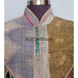 Chaleco Kantha Hecho a Mano 100% Algodón Puro para Mujer, Estampado Floral, Sin Tejido, para Primavera/Otoño, con Mangas Cortas - Product Image 3