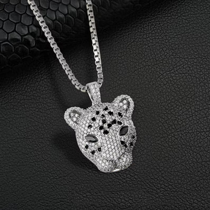 Iced Out Leopard Head Pendant for <b>Men</b> <b>Silver</b> Tone Moissanite Hip Hop Jewellery with Black Detailing - Product Image 1