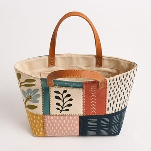 HINDVANTA GLOBAL Patchwork Print Jute <b>Canvas</b> Tote Bag Eco Friendly Leather Handle Large Capacity Women Shoulder <b>Handbag</b> Shopping - Product Image 2