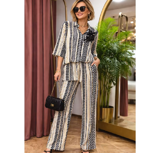 ชุดเซ็ตเสื้อเชิ้ตและกางเกงลำลองผ้าฝ้ายลายแจ็คการ์ดแบบสองชิ้นจากผู้ผลิต - Product Image 1