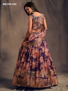Gorgeous Looking Organza with Floral Print-<b>Sequins</b> & Zari Embroidered <b>Flared</b> Purple Lehenga-Choli Set Indian Supplier - Product Image 5