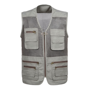 Gilet de pêche multi-poches pour homme, en maille, couleur gris, coupe-vent, utilitaire, pour la pêche en plein air, avec manches - Product Image 1