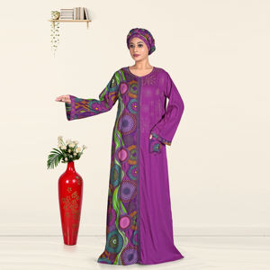 Abaya Kaftan en Rayonne pour Femmes Musulmanes avec Broderie Diamantée, Panneau Imprimé Contrastant, Manches Longues, Style Modeste Dubaï, Robe Maxi Islamique - Product Image 1