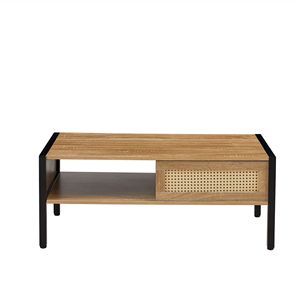 Tavolino da Salotto Moderno da 102 cm con Ante Scorrevoli, Design in Rattan e Gambe in Metallo, Stile Naturale - Product Image 4