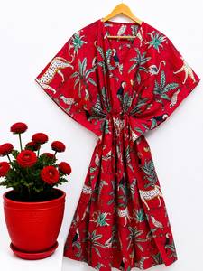 Vestido Maxi Kaftan de Algodón para Mujer, Estampado Floral Bohemio, para Playa, Manga Murciélago, Corte Regular, Ropa de Verano para Resort, Venta al por Mayor - Product Image 5