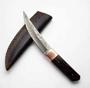 Cuchillo de Camping Personalizado Hecho a Mano de Acero de Damasco, Hoja Fija con Punta Caída, DIY OEM, Mango de Ébano Oscuro, Empuñadura de Cobre, Funda de Cuero - Product Image 1