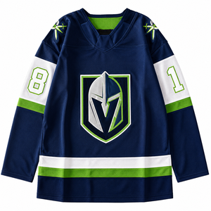 Jersey de Hockey sobre Hielo Personalizado con Diseño Azul Marino y Verde Lima e Impresión del Nombre del Equipo - Product Image 1