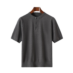 Été nouveau 100% pure laine couleur solide mâle O-cou bouton tricoté à manches courtes respirant cool slim T-shirt coréen. - Product Image 3