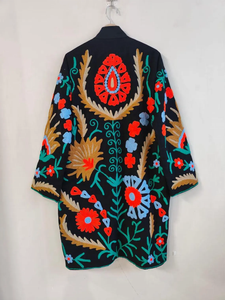 Floral Suzani Embroidered <b>Jacket</b> Boho Handmade Long Coat Festival Kimono Duster <b>Velvet</b> Robe Winter Cotton Filled Breathable Robe - Product Image 2