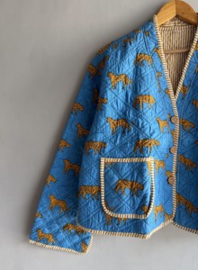 Blue Quilted Jacket With Cheetah Print Full Sleeve Button Closure Women's Autumn Outerwear Blue jacket gift <b>for</b> her - Product Image 4