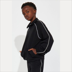 Chándal Negro para Niños, Manga Larga, Media Cremallera, Color Sólido, Ropa Casual con Bolsillos Laterales, Corte Regular, Ropa de Invierno - Product Image 5