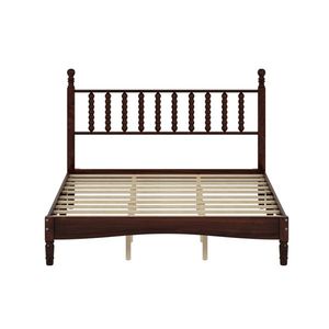 Letto matrimoniale in legno stile retrò con testiera intagliata a forma di zucca, colore noce, dotato di supporto a doghe in legno fatto a mano - Product Image 1