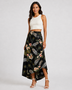 Jupe longue maxi à taille haute imprimé floral paon de qualité supérieure pour femme, vente en gros, fabricant sur mesure, jupe longue asymétrique pour l'été et la plage - Product Image 1