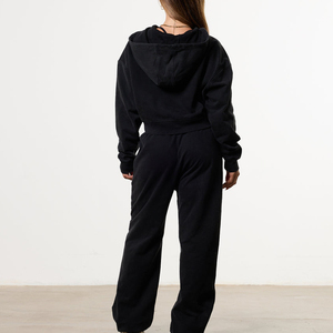 Women's Oversized Black <b>Zip</b>-<b>Up</b> <b>Cropped</b> Sweatshirt Regular Sleeve Knitted Solid Color Breathable Autumn Casual Workout Top - Product Image 4
