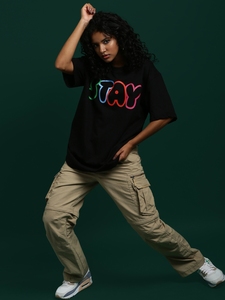 Camiseta Negra Oversize para Mujer, Corte Holgado, Informal, de Algodón, Manga Corta, Estilo Urbano, Prenda Básica Minimalista - Product Image 3