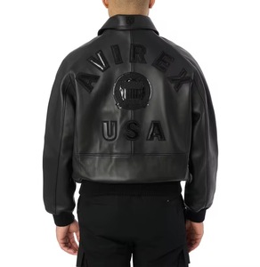 Blouson aviateur en cuir véritable noir pour homme, col rabattu, fermeture éclair, design à patchs, manches classiques, vêtement d'hiver - Product Image 2