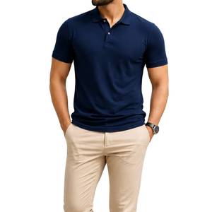 Polo en piqué bleu à manches courtes pour homme, couleur unie, décontracté, tricoté, coupe classique, boutons - Product Image 6