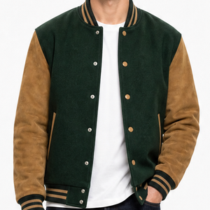 Veste universitaire pour homme de qualité supérieure, vert foncé, manches marron clair, bordure côtelée rayée, veste unie, couleur contrastée, veste décontractée - Product Image 2