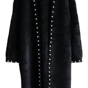 <b>Women</b> <b>Black</b> Longline Open Front <b>Cardigan</b> Pearl Embellished Long Sleeve Elegant Sweater Coat Casual Ladies Fashion Winter - Product Image 2